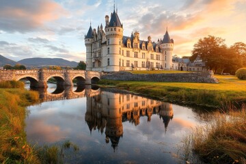Obraz premium A medieval castle with towering stone walls, turrets, and a drawbridge over a river