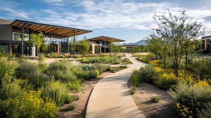 Fototapeta premium Modern Desert Office Building with Landscaped Courtyard and Walkway
