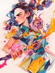 Fototapeta premium Determined woman with colorful abstract design, action pose