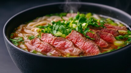 Delicious Bowl of Rich Beef Pho with Thinly Sliced Meat and Herbs