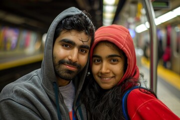 Fototapeta premium Portrait of a grinning indian couple in their 20s sporting a comfortable hoodie in front of bustling city subway background