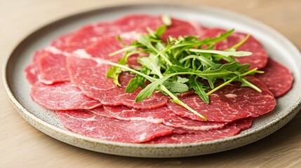 Fototapeta premium Sliced Beef Carpaccio with Fresh Arugula on a Gray Plate