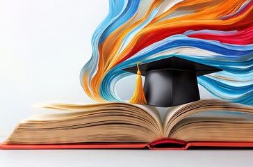 Open Book with Colorful Paper Waves Forming Infinity Symbol and Graduation Cap