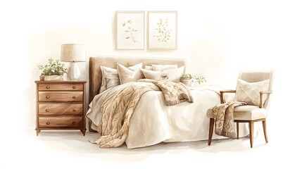 Serene Bedroom Design Featuring Neutral Tones and Wooden Accents