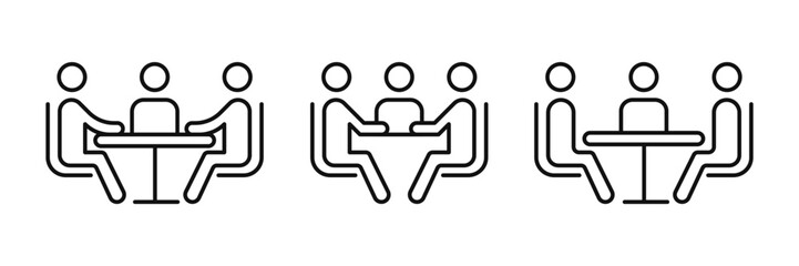Three people sitting on meeting room icon set. Meeting room, discussion, business conference, support group outline icon. Vector editable stroke. PNG transparent