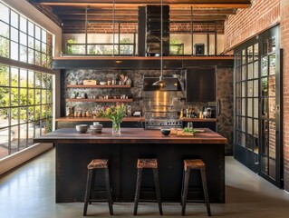 A kitchen with a counter and four stools