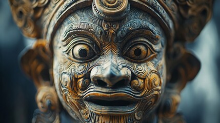Fototapeta premium Close-up of an intricately carved wooden mask depicting a deity with wide eyes and elaborate facial features.