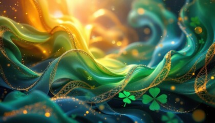 Colorful fabric waves with sparkling gold accents and clover designs in abstract light