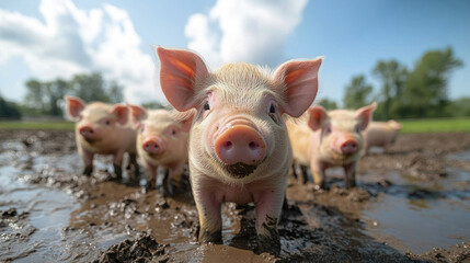 Farm animals, including a group of piglets playing in a muddy pen under a sunny sky