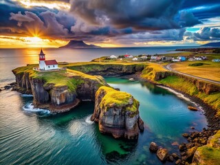 Obraz premium Icelandic Island Grotto: Morning Mist, Atlantic Coast Lighthouse & Bird Sanctuary