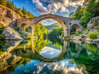 Fototapeta premium Impressive Stone Bridge Arching Over Doux River, Ardèche, France - 2018 Landscape