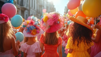 Joyful Easter parade with vibrant outfits, balloons, and decorations under sunny skies