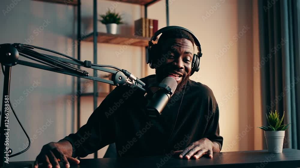Poster Professional content creator recording podcast episode, passionately speaking into microphone and gesturing dynamically in slow motion sequence within home studio environment
