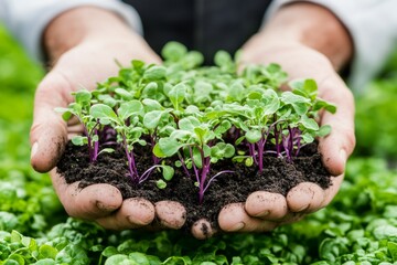 A close-up of a farmer hands holding rich, fertile soil with small seedlings growing