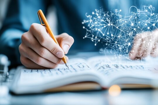 A close-up of a hand writing a formal logical proof with mathematical notation