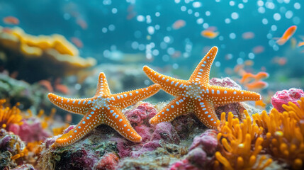Marine animals featuring starfish resting on a colorful coral reef under clear blue waters