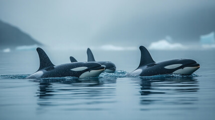Fototapeta premium Marine animals, including a pod of orcas swimming together in icy arctic waters