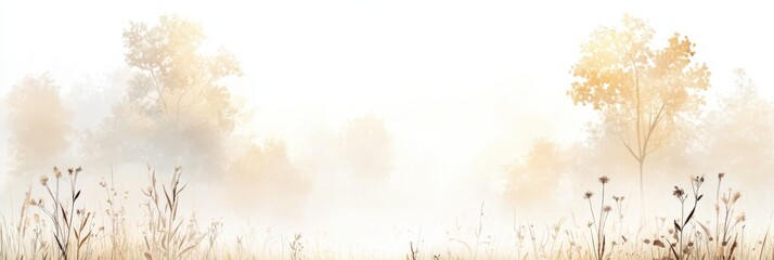 Muted meadow enveloped in thick fog, creating a serene and tranquil landscape