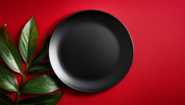 a simple black plate sits on a vibrant red textured background surrounded by green leaves creating a visually striking contrast