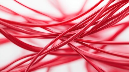 A close-up of intertwined red strands, creating a dynamic and abstract composition, emphasizing texture and color.