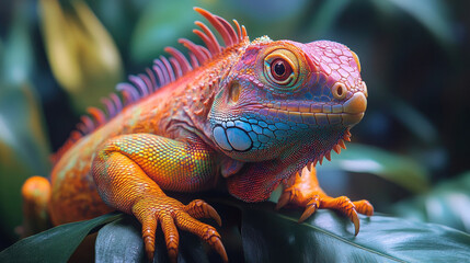 Fototapeta premium Reptiles, including a vibrant iguana climbing a tree trunk in a tropical forest