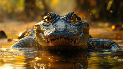 Obraz premium Reptiles, like a crocodile resting on the edge of a swamp with its mouth slightly open