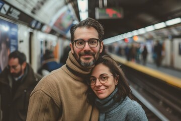 Fototapeta premium Portrait of a satisfied couple in their 30s wearing a classic turtleneck sweater isolated on bustling city subway background