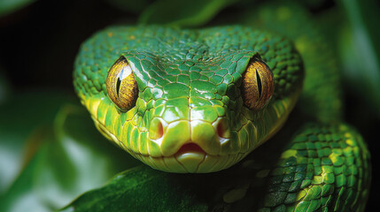 Fototapeta premium Reptiles, such as a bright green snake slithering through dense tropical plants