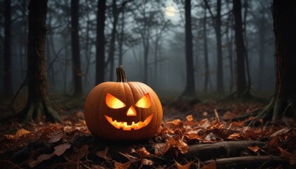 Illuminated Jack-o'-lantern in an autumnal forest at night