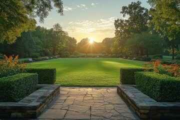Fototapeta premium serene park landscape with manicured lawn and sculptural topiary featuring geometric boxwood hedges and mature shade trees in morning light