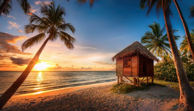 Sunset over tranquil beach with palm trees and cozy wooden hut