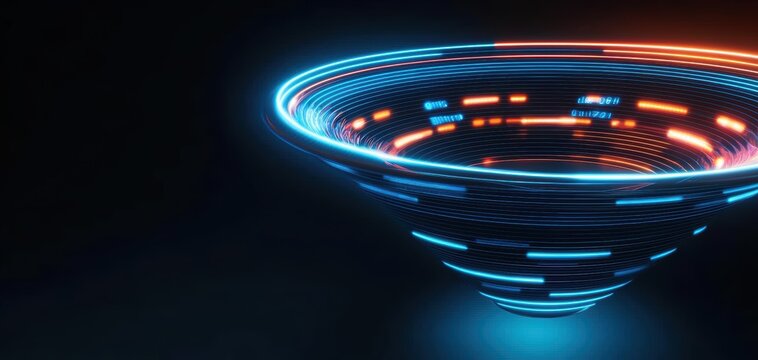 Modern digital data funnel, illuminated with neon blue and orange light beams, representing data collection and processing efficiency