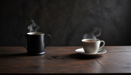 Two steaming mugs of hot beverage on dark wood surface