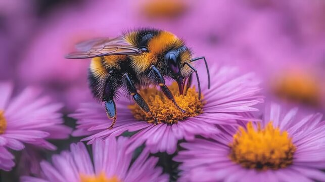 Bumblebee pollinating purple aster flowers in garden