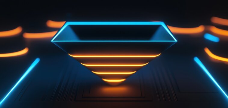 Modern digital data funnel, illuminated with neon blue and orange light beams, representing data collection and processing efficiency