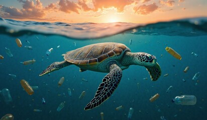 Obraz premium Clear blue aqua marine ocean with turtle and plastic bottle and bag pollution. plastic pollution in ocean. AI generated.