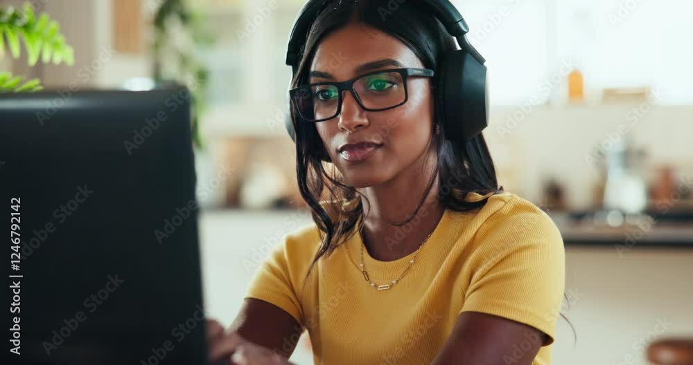 Poster Glasses, coder and computer with woman at home for freelance developer, gaming programmer and research. Gameplay database, character design and remote software engineer with person and headphones