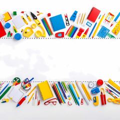 School Supplies Border Banner with Double-Sided Design, Top View on White Background 