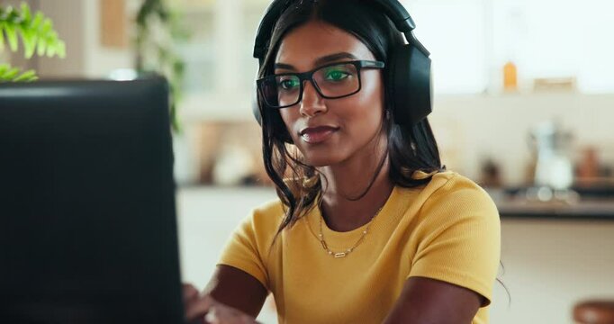 Glasses, coder and computer with woman at home for freelance developer, gaming programmer and research. Gameplay database, character design and remote software engineer with person and headphones