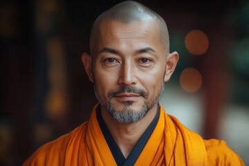 Fototapeta premium serene portrait of modern zen monk in traditional robes minimalist temple garden backdrop soft natural lighting emphasizing inner peace