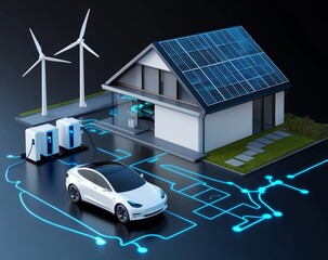 Energy System Diagram with Solar Panels, Wind Turbines, Electric Vehicles, and Storage Battery