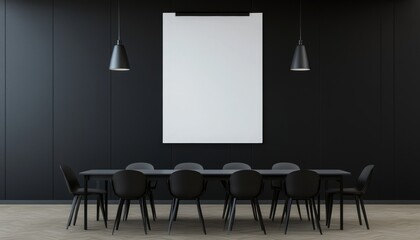 Professional conference area with a blank white poster on a black accent wall, modern table and chairs under industrial pendant lights