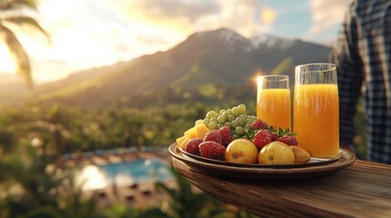 Naklejka premium Plate of assorted fresh fruits alongside a glass of freshly squeezed orange juice on a wooden table