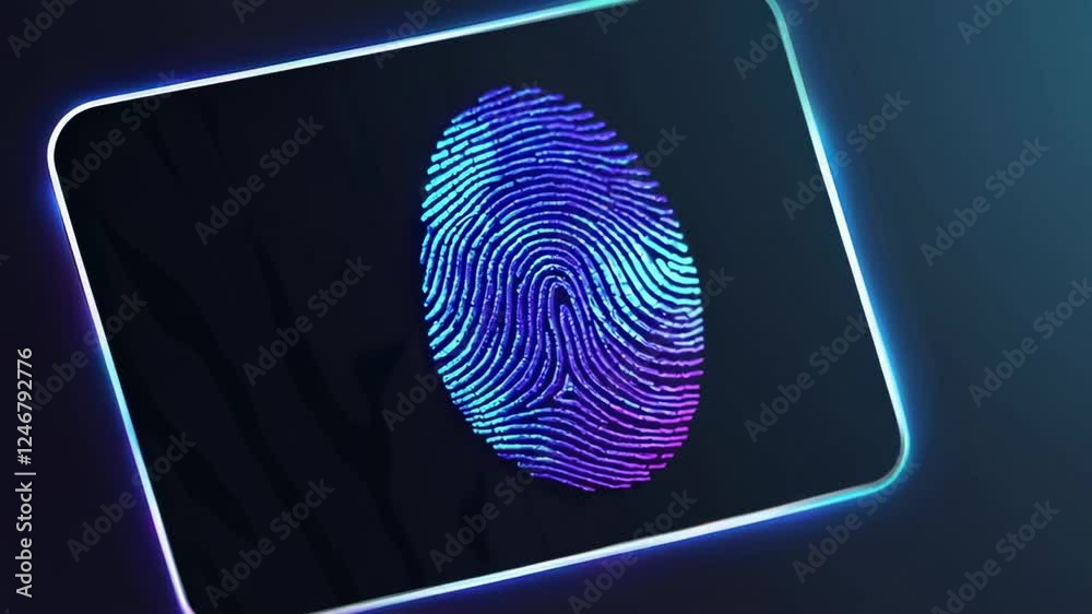 Fototapete glowing neon fingerprint biometric scanning animation revealing digital identity verification proces