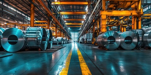 Fototapeta premium A vibrant image of stainless steel sheets stacked neatly in a factory, showcasing their versatility for industrial applications