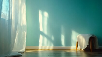 Fototapeta premium Empty Room with White Wall, Wooden Floor, and Soft Sunlight Through Sheer Curtain
