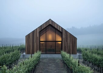 Fototapeta premium Modern minimalistic wood and stone barn house in vineyard hills with olive trees, serene countryside retreat. Mediterranean living, agriturismo concept 