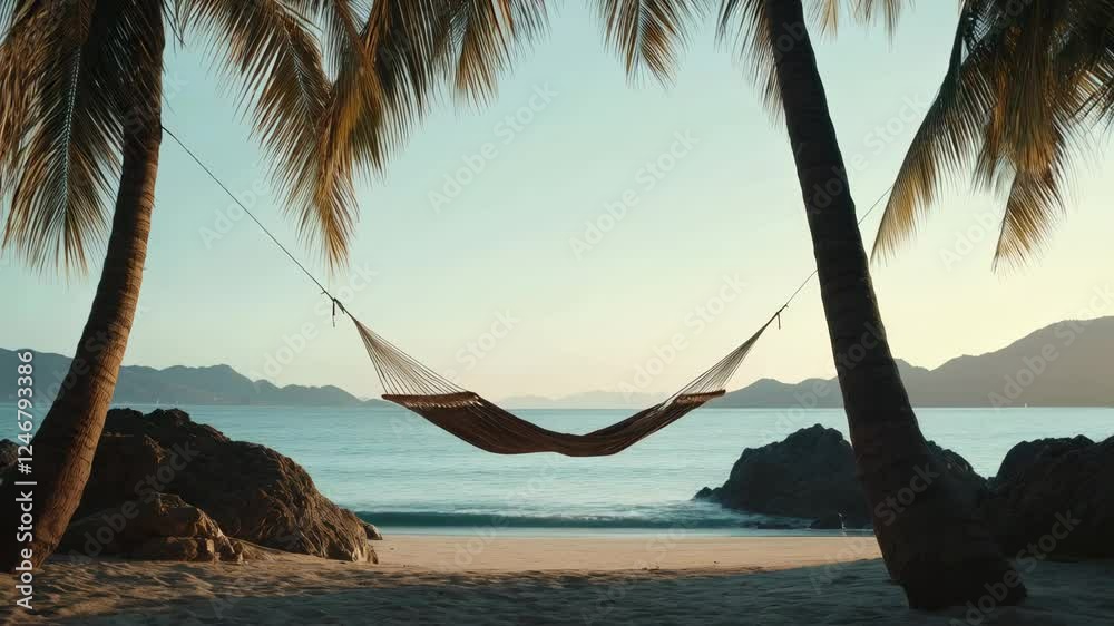 Poster Soft swaying hammock hanging between lush palm trees, capturing tranquil oceanfront scenery with golden sunset light casting warm hues across coastal landscape