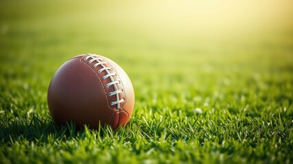 A brown leather ball rests on a vibrant green field, bathed in sunlight.
