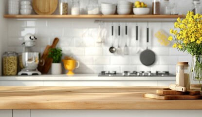 Wooden kitchen table with blurred modern kitchen interior